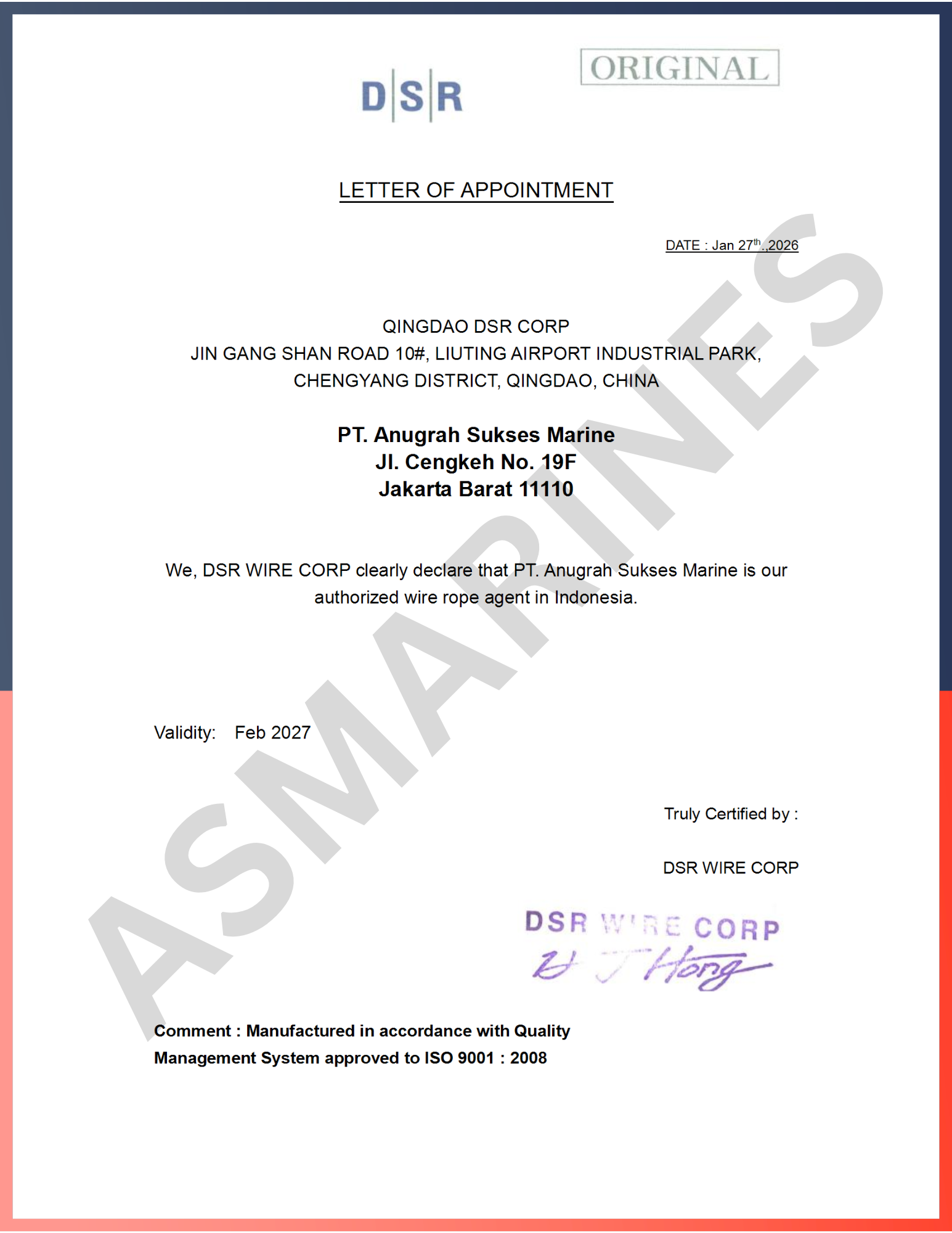Letter Of Appointment DSR Wire Corp (AS Marine - China)